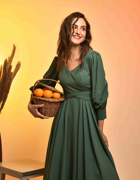 Green Flare Ruche Dress