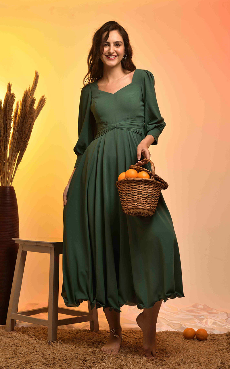 Green Flare Ruche Dress